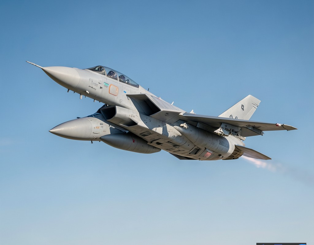 تصویری فوتورئال از یک جنگنده F-16 پیشرفته با طراحی آینده‌نگرانه که به صورت خودران در آسمان آبی پرواز می‌کند.