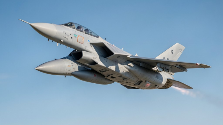 تصویری فوتورئال از یک جنگنده F-16 پیشرفته با طراحی آینده‌نگرانه که به صورت خودران در آسمان آبی پرواز می‌کند.