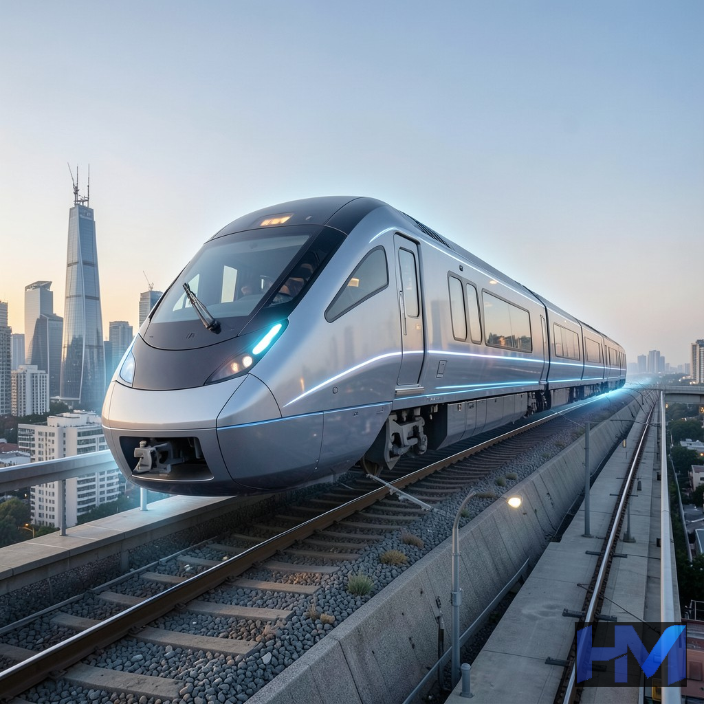 قطار مگلو (Maglev) در حال حرکت بدون تماس با ریل، نمادی از کاربردهای ابررسانایی در حمل‌ونقل.