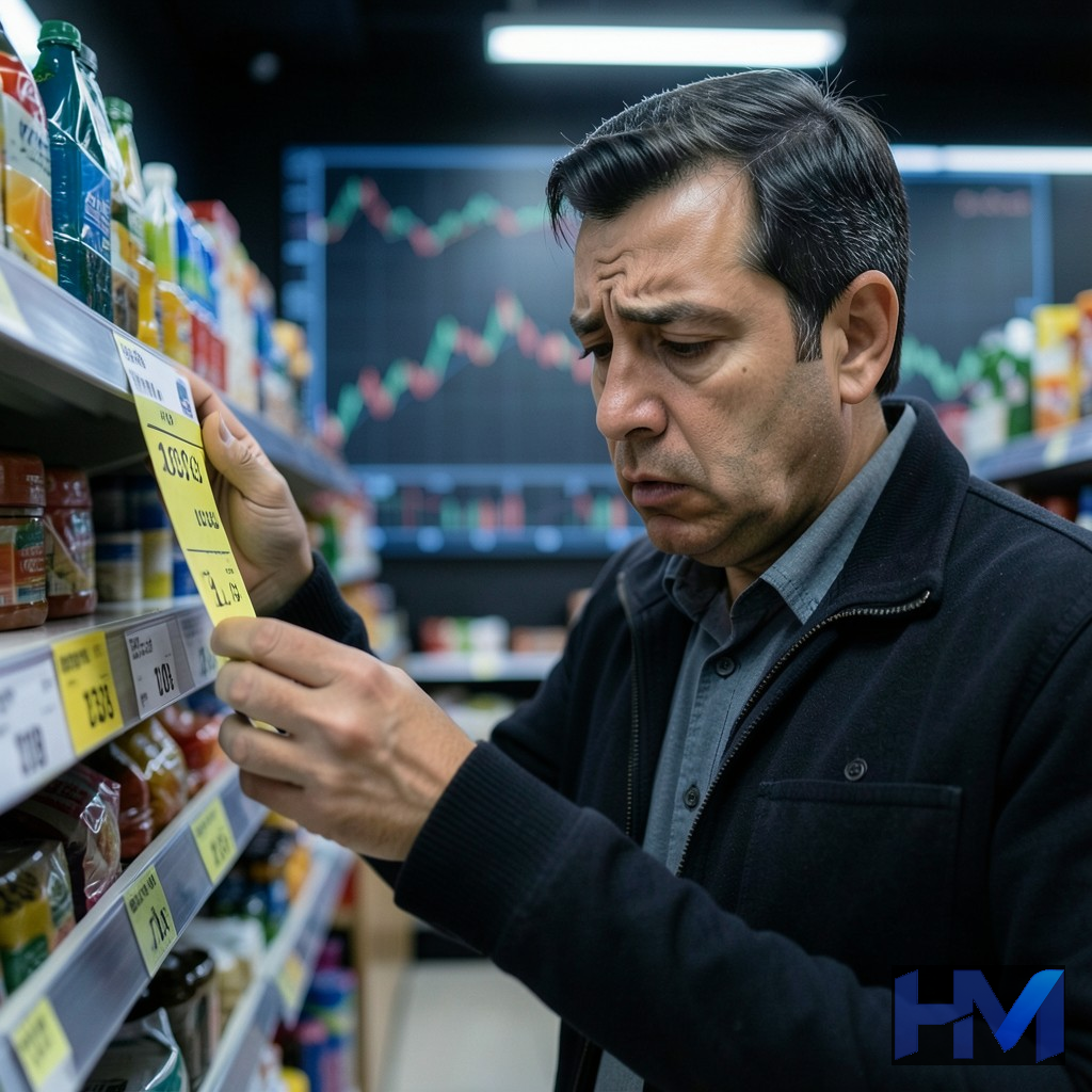 مصرف‌کننده نگران در حال بررسی قیمت‌ها در فروشگاه