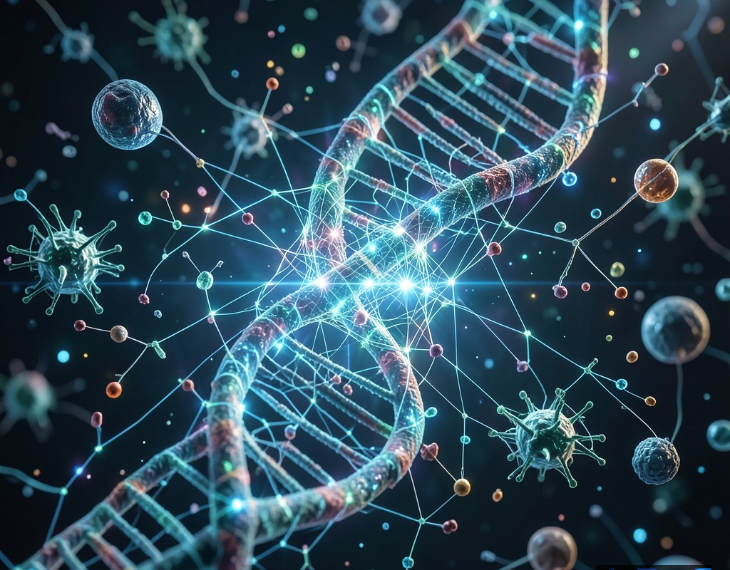 تصویری مفهومی از تقاطع هوش مصنوعی و رشته DNA که نماد نوآوری در بیولوژی است.