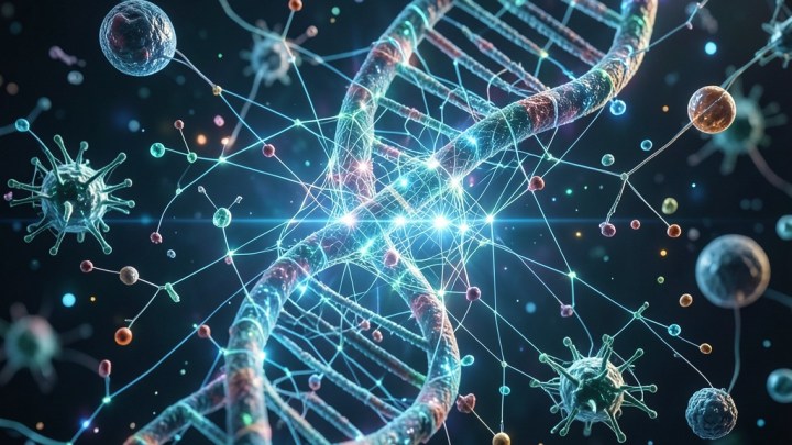 تصویری مفهومی از تقاطع هوش مصنوعی و رشته DNA که نماد نوآوری در بیولوژی است.