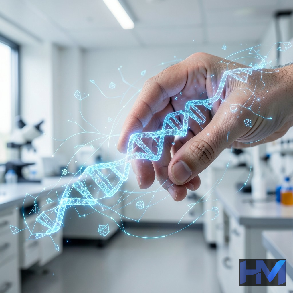 دستی که با رشته DNA در تعامل است و عناصر هوش مصنوعی نماد نوآوری پزشکی.