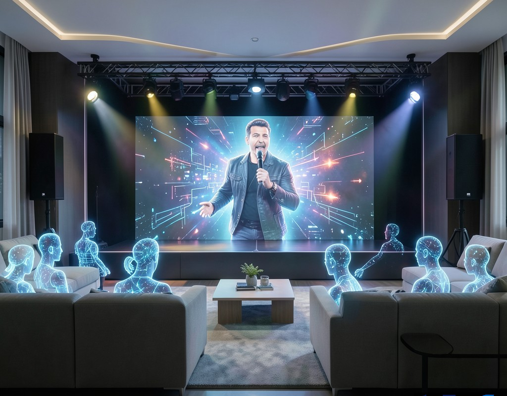 تصویری مفهومی از یک کنسرت آنلاین خواننده پاپ ایرانی با فناوری واقعیت مجازی و هولوگرافیک در سال 2026