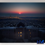 تصویری مفهومی از شهر تهران در غروب با نمادهای انتزاعی از امنیت و نظارت