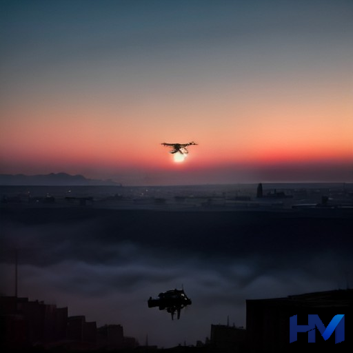 تصویری مفهومی از پهپادی در حال پرواز بر فراز منطقهای صنعتی آسیبدیده با دود در افق، پس از یک انفجار.