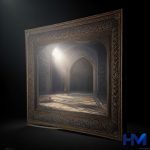 نمایی هنری از فضای جشنواره فیلم فجر با نورپردازی سینمایی و نمادهای انتزاعی