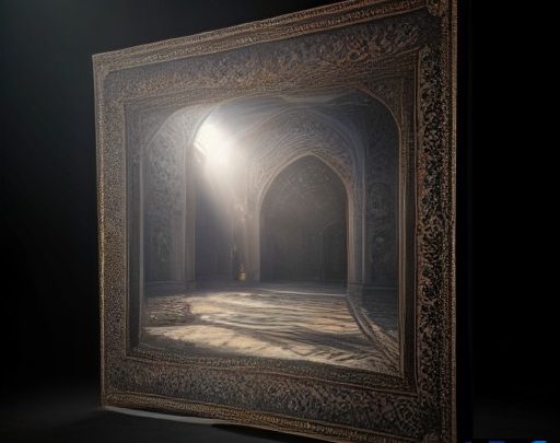 نمایی هنری از فضای جشنواره فیلم فجر با نورپردازی سینمایی و نمادهای انتزاعی