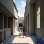 نمایی از یک مدرسه بازسازی شده در ایران پس از درگیری‌ها، با دانش‌آموزانی در حال بازی