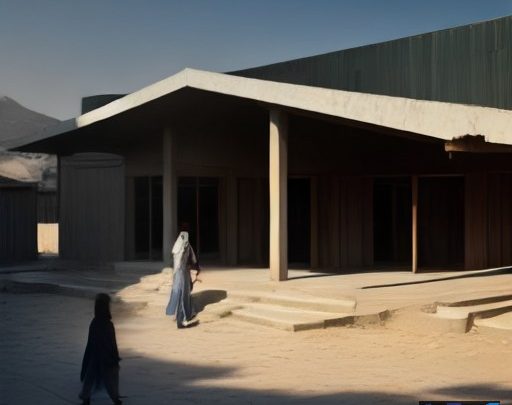 ساختمان مدرسه بازسازی شده در ایران با کودکان در حال بازی