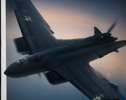 نمایی از بمب‌افکن B-1B لنسر در پایگاه هوایی، با نمادهایی از تهدیدات دیجیتالی و پهپادی در پس‌زمینه