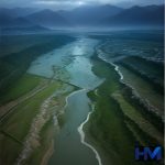 نمایی هوایی از یک منطقه روستایی سیل‌زده در مازندران یا گلستان