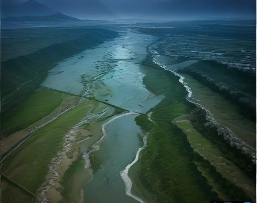 نمایی هوایی از یک منطقه روستایی سیل‌زده در مازندران یا گلستان